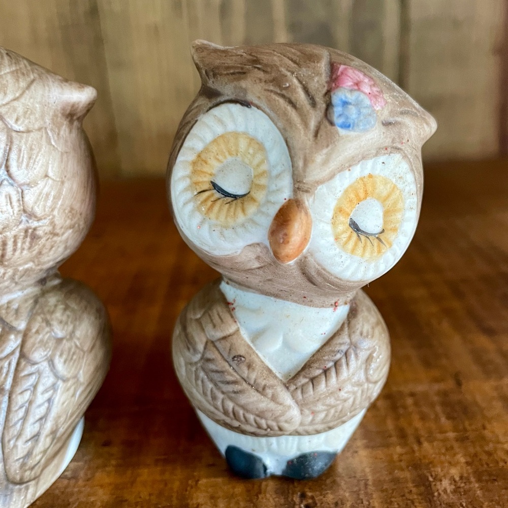 Owl Mr & Mrs Salt & Pepper Shakers WIDE EYE OWLS Anthropomorphic Ceramic Korea - Picture 4 of 6